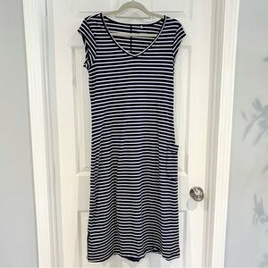 Toad & Co MUSE Blue White Striped Ruched Side Midi Dress Sz M Pocket Cap Sleeve